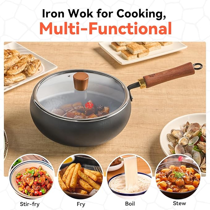 WANGYUANJI Wrought Iron Flat Bottom Wok with Glass Lid ??Detachable Wooden Handle, Non-Coated Naturally Nonstick Frying Pan for Gas, Electric & Induction Stoves (Black Deep-Bowl Wok, 9.5 inch)