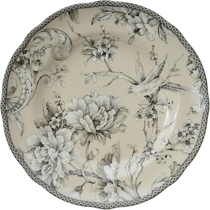 222 Fifth Adelaide 16-Piece Traditional Antique White Porcelain Dinnerware Set ??Service for 4, Romantic Bird & Floral Design, for Everyday Dining & Entertainment, Microwave & Dishwasher Safe
