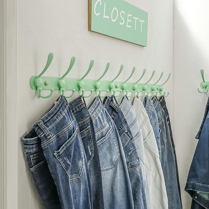Dseap Coat Rack Wall Mount - 38??Long 10-Tri-Hooks Heavy Duty Coat Hanger Rail Wall Hooks for Hanging Coats Hats Clothing Clothes Purse Mudroom Entryway, Green, Pack of 2