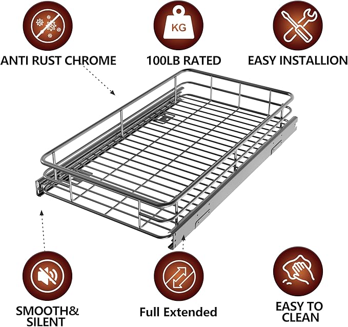 Pull Out Cabinet Organizer (20" W x 21" D), Put Out Shelves for Kitchen Cabinets, Roll Out Drawers Heavy-Duty Metal Sliding Shelf, Bottom Mount