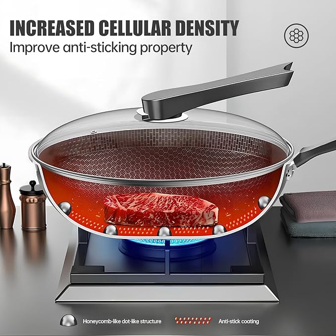 13.4??Stainless Steel Wok Pan with Lid ??Honeycomb Non Stick Stir Fry Pan for Induction, Gas, Electric & Ceramic Cooktops ??Tri-Ply Deep Frying Wok with Stay-Cool Handle, PFOA-Free