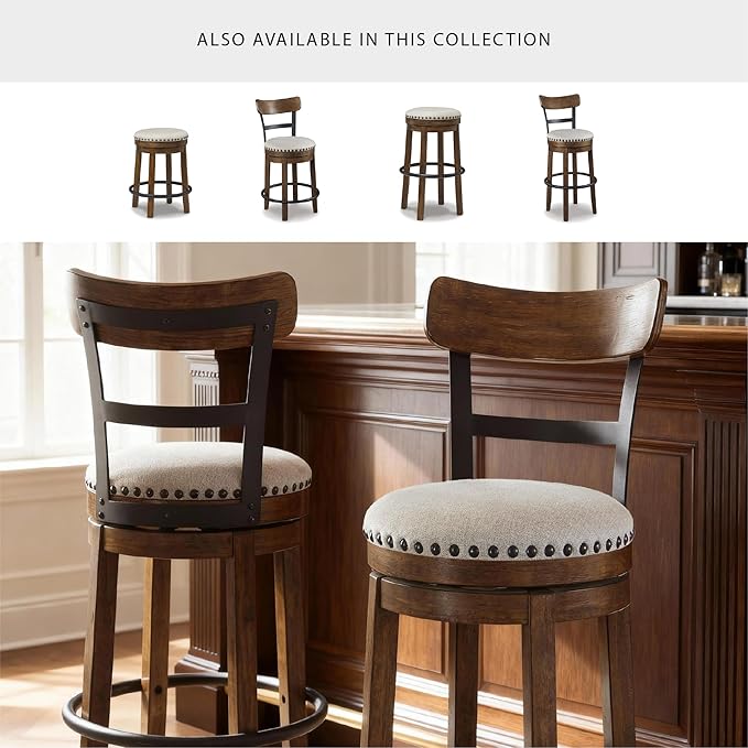 Signature Design by Ashley Valebeck Rustic Farmhouse Swivel Bar Stool ??24.5??Counter Height, 360째 Swivel Metal & Wood Frame, Polyester Upholstery ??Brown