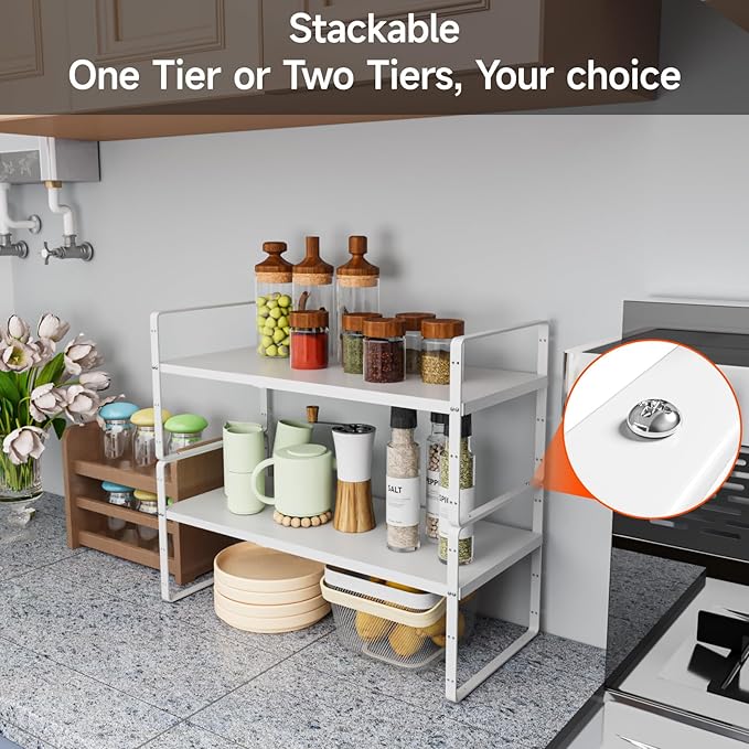 2Pack 16.5-27?쇺셂 Expandable Stackable Cabinet Shelves, Adjustable Spice Rack Cabinet Shelf Organizer for Kitchen, Countertop, Pantry and Cupboard, White