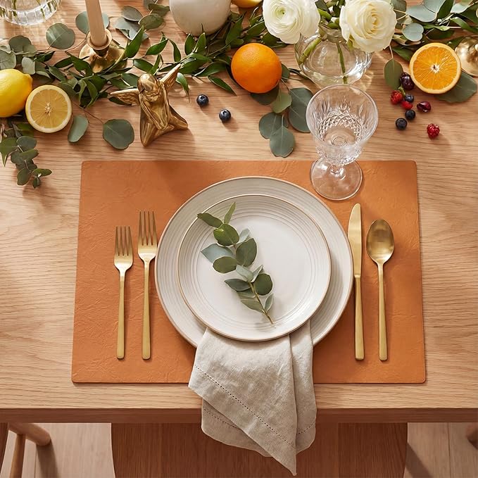 Artoid Mode Rust Faux Leather Placemats Set of 6, 12x18 Inch Waterproof Wipeable Heat Resistant Place Mats, Reversible Table Mats for Fall Kitchen Dining Decor