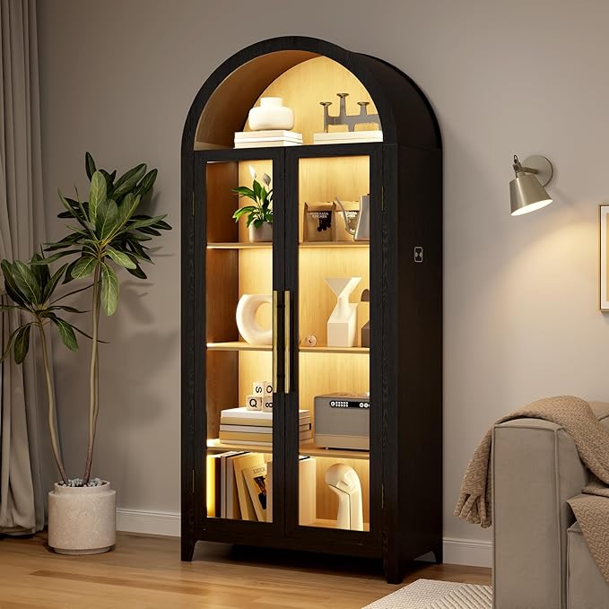 Vlsrka 71" Arched Storage Cabinet with Doors, Display Cabinet with LED Light & Human Sensor, 5-Tier Display Cases for Collectibles, Curio Cabinet with Ajustable Shelf for Living Room(Black+Wood)