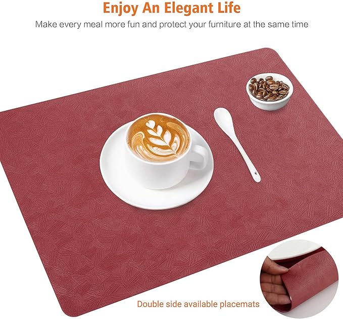 Bxzandya Vinyl Placemats Set of 12 Heat Resistant Easy Clean Non-Slip Place Mats for Dining Table Faux Leather Waterproof Stain Resistant Wipeable Washable PVC Table Mats(12, Red)