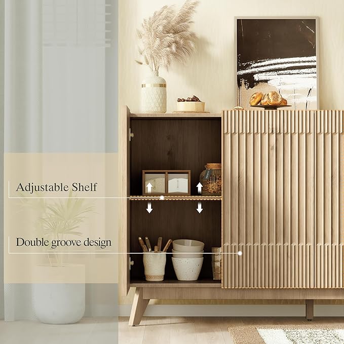 FLOWBACK 60" Large Fluted Storage Cabinet with Adjustable Shelves,35?섃?Tall Sideboard Buffet Credenzas Console Table with Solid Wood Legs,Accent Cabinet for Living Room Dining Room Entryway