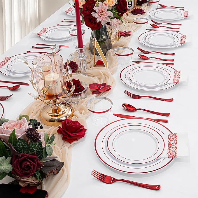 WELLIFE 700 Pcs Red Plastic Plates for 100 Guests - Plastic Dinnerware Set,Party Supplies Includes 200 Red Disposable Plates,300 Silverware,100 Napkins,100 Cups
