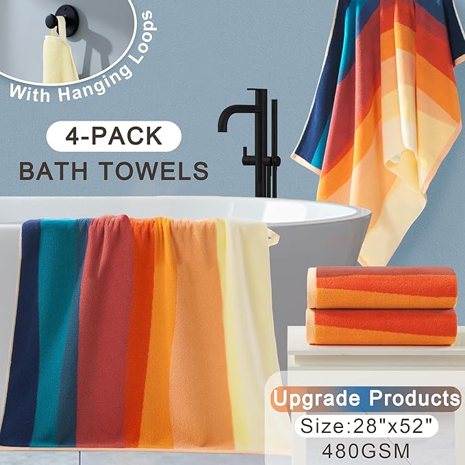 Colorful Bath Towels (4PC, 28"x52") - 100% Cotton | 480GSM | Soft | Absorbent, Bathroom Towels Decorative Set, Fluffy Bath Towel for Shower, Painted Bath Towel Set with Hang Loops, Red and Orange