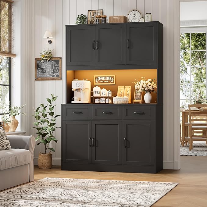 HOSTACK 72" Tall Kitchen Pantry Cabinet with Charing Station | LED Lights, 47" W Kitchen Pantry Storage Cabinet with Countertop, Modern Kitchens Hutch Cabinets with Storage for Dining Room, Black