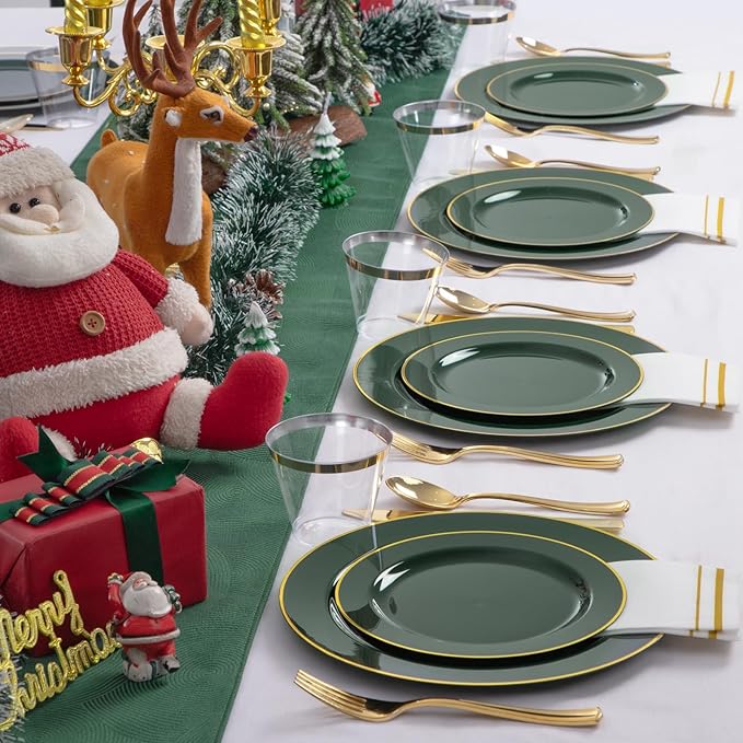SUT 350PCS Green and Gold Plastic Plates for 50 Guests, Disposable Plates and Napkins Party Supplies, Gold Plastic Silverware, Plates, Cups and Napkins Sets竊똏arty Plates and Cups and Napkins Sets