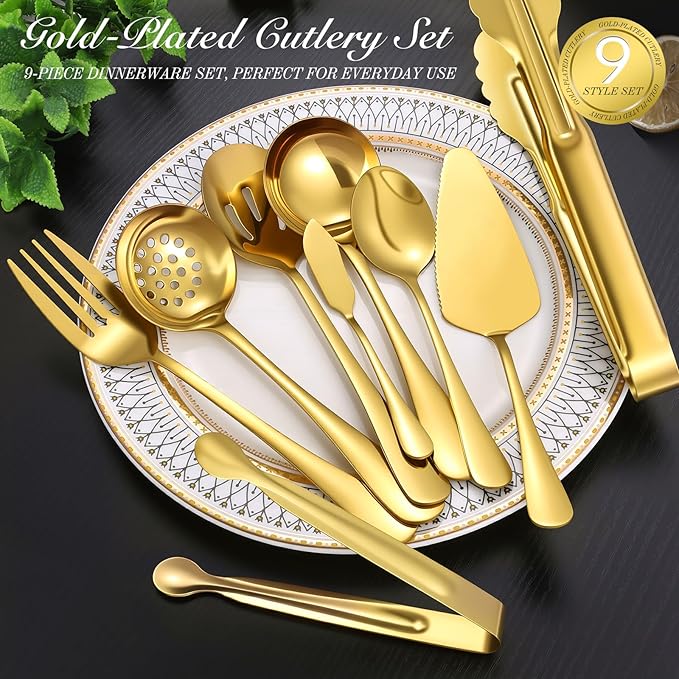Mwellewm 17Pcs Serving Utensils, Gold Stainless Steel Large Serving Spoons, Slotted Spoon, Fork, Tongs, Cake Pie Server, Soup Spoon, Metal Buffet Banquet Cutlery Set for Parties Entertaining Catering