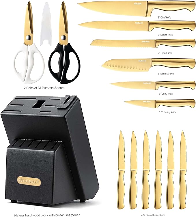 McCook짰 Knife Sets, Golden Titanium Stainless Steel Kitchen Knife Block Sets with Built-in Sharpener