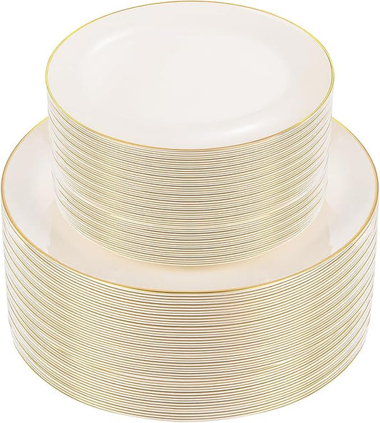 bUCLA 100PCS Ivory Plastic Plates with Gold Rim - Heavy Duty Cream Disposable Include 50 Dinner 10 inch & 50 Dessert 7 inch, for Party & Wedding