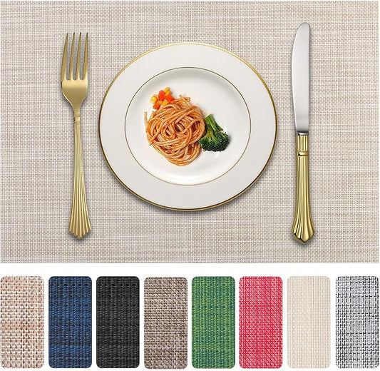 LANDVIEW Vinyl Placemats Set of 4, PVC Woven Washable Non-Slip Table Mats, Heat Resistant Wrinkle Free Place Mats for Dining Table, Easy to Clean (4, Beige)