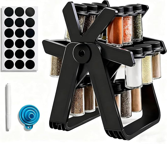 Rotating Spice Rack Organizer Set with 18 Glass Jars - 360째 Revolving Spice Tower for Kitchen Countertop or Cabinet, Complete Organizer with Funnel & Labels, Durable ABS Base with Non-Slip Pads