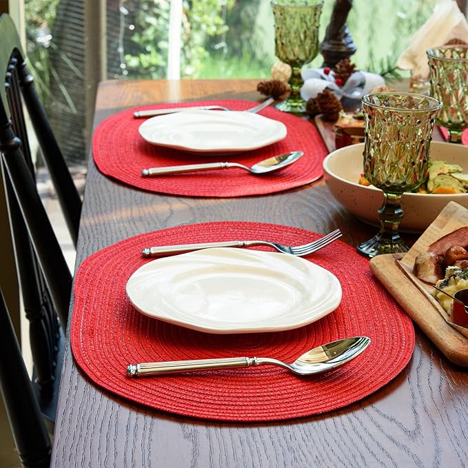 Noctiflorous Oval Braided Placemats Set of 6 Woven 12x18 Inch Non Slip Washable Heat Resistant Place Mats Round Tablemats for Dining Kitchen Party Daily Table Decor Dinner Mats (Red Shine, 6)