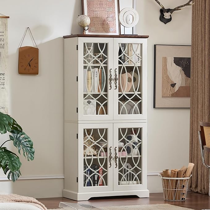 67" Tall Pantry Cabinet Set of 2, Vintage Kitchen Pantries Cabinets with Glass Doors & Adjustable Shelves, Wood Cupboard with Large Storage for Dingning Room, Bathroom, Antique White