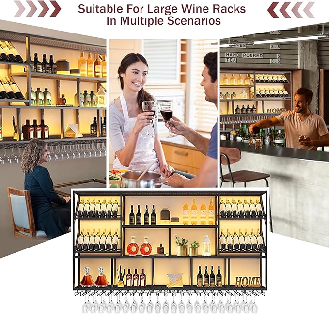 70.8in Wine Mounted Wine Rack, 3-Tier Metal Bar Shelves with Cups Hanging Holder, Large Modern Decorative Display Liquor Shelf, for Bar Dining Room Cafe (70.8" W)