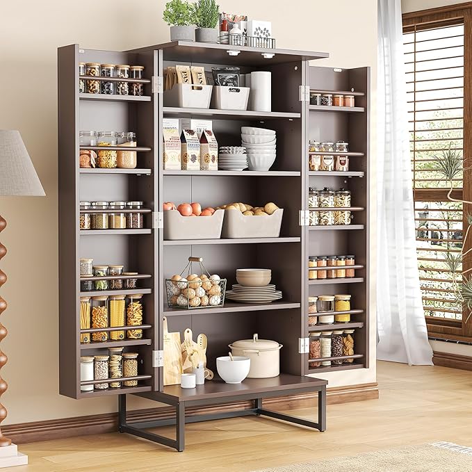 51??Pantry Cabinets, Freestanding Kitchen Pantry Storage Cabinet with Adjustable Shelves, Buffet Cupboards Storage Cabinet for Home Office Use (Brown)