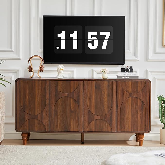 Mid Century Modern Sideboard Buffet Cabinet with Storage, Kitchen Sideboard Credenza Storage Cabinet with Doors and Shelves for Home Coffee Bar, Dining Room, Office, Entryway - Walnut