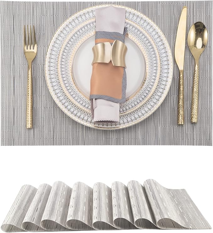 SLKQG Sliver Placemats Set of 8 - Easy Clean Modern Durable Washable Vinyl Place Mats - Heat Resistant Placemats for Kitchen Table - PVC Table Mats for Dining Table (Sliver, 8)