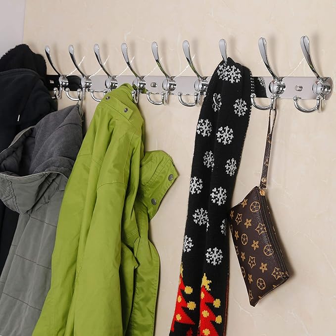 Dseap Coat Rack Wall Mount - 38??Long 10-Tri-Hooks Heavy Duty Coat Hanger Rail Wall Hooks for Hanging Coats Hats Clothing Clothes Purse Mudroom Entryway, Chromed
