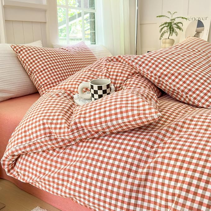 LifeTB Gingham Comforter Set King Modern Style Plaid Checkered Pattern Comforter Soft Fluffy Gingham Bedding Set Lightweight Red Orange Grid Bedding Comforter Farmhouse Checkered Comforter Set