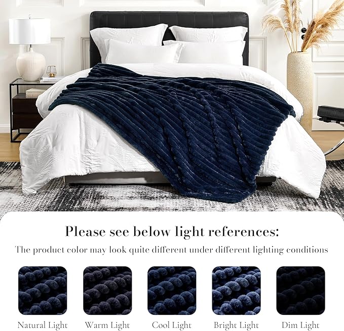 Am챕lie Home Faux Fur Throw Blanket for Couch, Cozy Fuzzy Fluffy Fur Luxurious Soft Striped Plush Gift Blankets for Family Sofa Chair Bedroom, 55"x70", Navy Blue