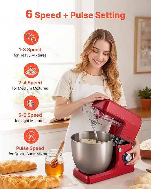 VEVOR Stand Mixer, 10.3 QT Electric Kitchen Mixer, 660W Dough-Mixer, 6 + Pulse Speeds Tilt-head Food-Mixer with Stainless Steel Bowl, Dough Hook, Whisk, Beater, for Baking, Mixing, Whipping & Kneading