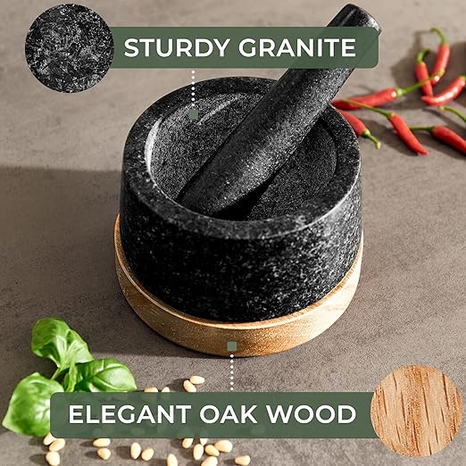 WALDWERK Mortar and Pestle - Mortar and Pestle Set with Anti-Scratch Oak Wood Base - Mortar with Extra Large Pestle Made of Natural Granite - Large Mortar and Pestle - Ideal for Guacamole