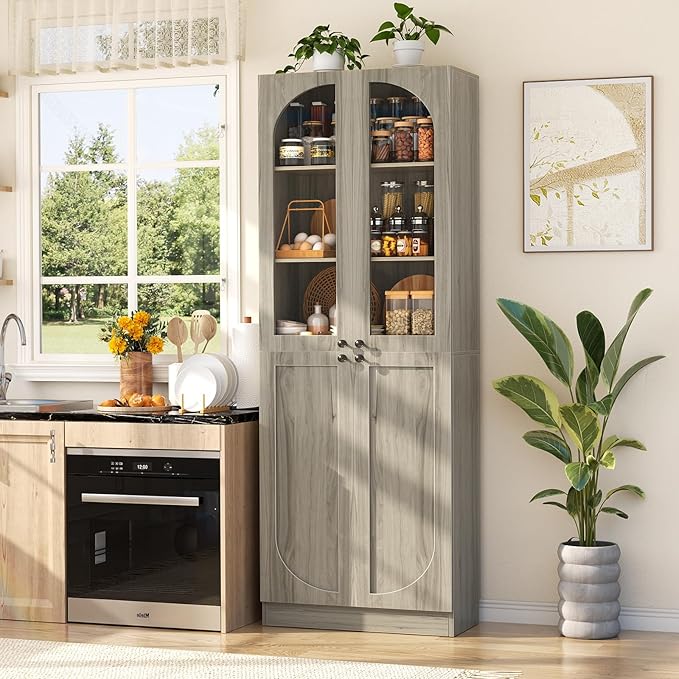 Cyclysio 80" Kitchen Pantry Cabinet, Tall Arch Storage Cabinet with Glass Doors, Freestanding Wood Floor Cupboard Bookcase with Seamless Fit Wall for Dining Room, Living Room, Bathroom (Ash Grey)