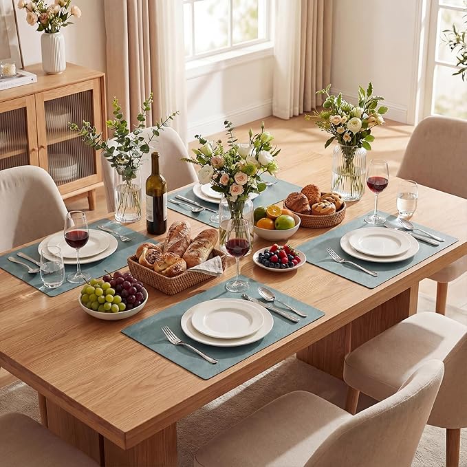 Artoid Mode Blue Faux Leather Placemats Set of 6, 12x18 Inch Waterproof Wipeable Heat Resistant Place Mats, Reversible Table Mats for Winter Kitchen Dining Decor