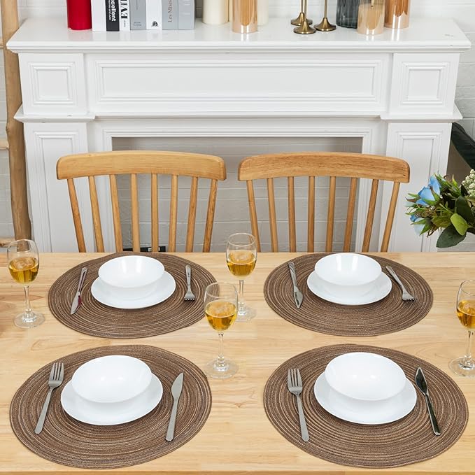 Winknowl Round Braided Placemats Set of 4 Washable Woven Heat Resistant Table Mats for Kitchen Dining Tables 15 inch Round Place Mats (Brown,4)
