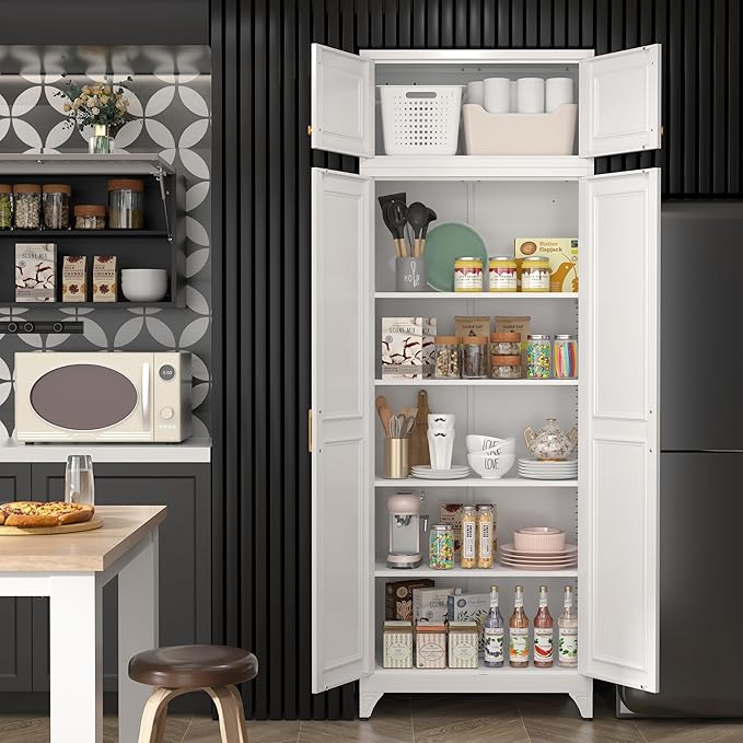 Steeloong90??Kitchen Pantry Cabinet,Metal Storage Cabinets with Doors and 4 Adjustable Shelves,White Kitchen Cabinet with 2 Gold Handles,Tall Cabinet for Livingroom,Pantry, Bathroom