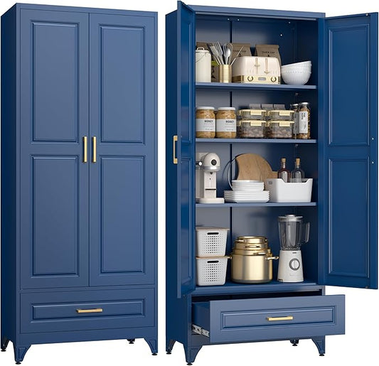 75" Kitchen Pantry Cabinet with Drawer, Tall Storage Cabinet with Doors and 4 Shelves, Metal Storage Cabinets for Kitchens, Living Room, Dinning Room, Assembly Required, Blue