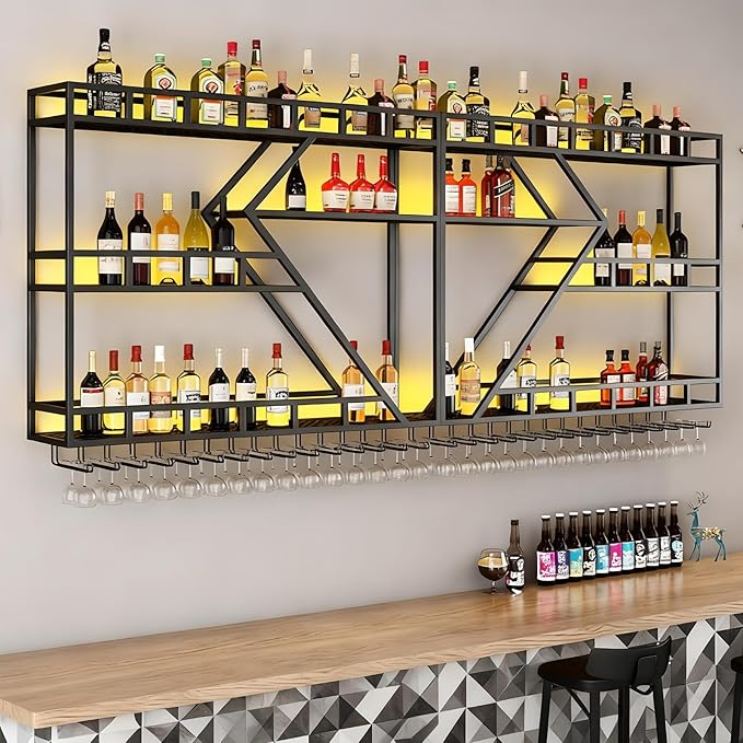 94.48in Metal Wine Rack Wall Mounted, Modern Wine Storage Rack Wall Mounted with Wine Glass Holder, Liquor Shelf, Bar Shelves for Liquor Bottles (3 Tiers Black, 94.48 * 7.87 * 33.85INCH)