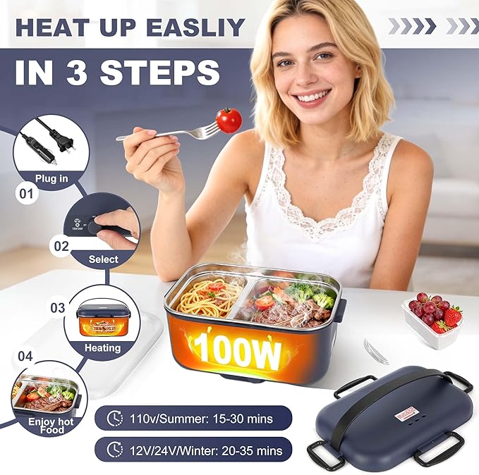 Electric Lunch Box Food Warmer 1.8L - 100W Mechanical Temperature Control Heated Lunch Box for Adults, 12V/24V/110V Fast Heating Lunchbox Food Heater for Work/Car/Truck, Fiambrera el챕ctrica port찼til