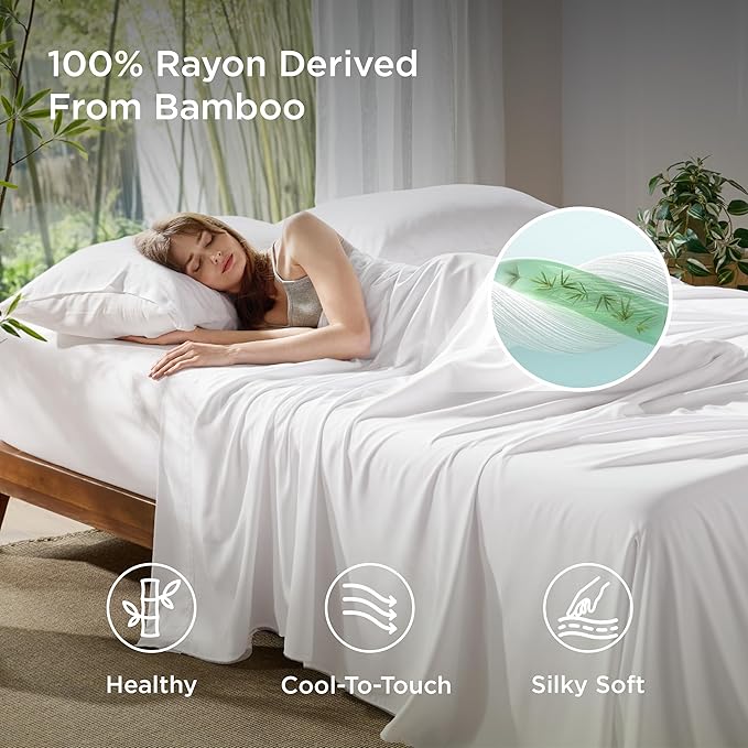 Bedsure Full Size Bed Sheets, Cooling Sheets, Rayon Derived from Bamboo, Deep Pocket Up to 16", Breathable & Soft, Hotel Luxury Silky Bedding for Hot Sleepers, White