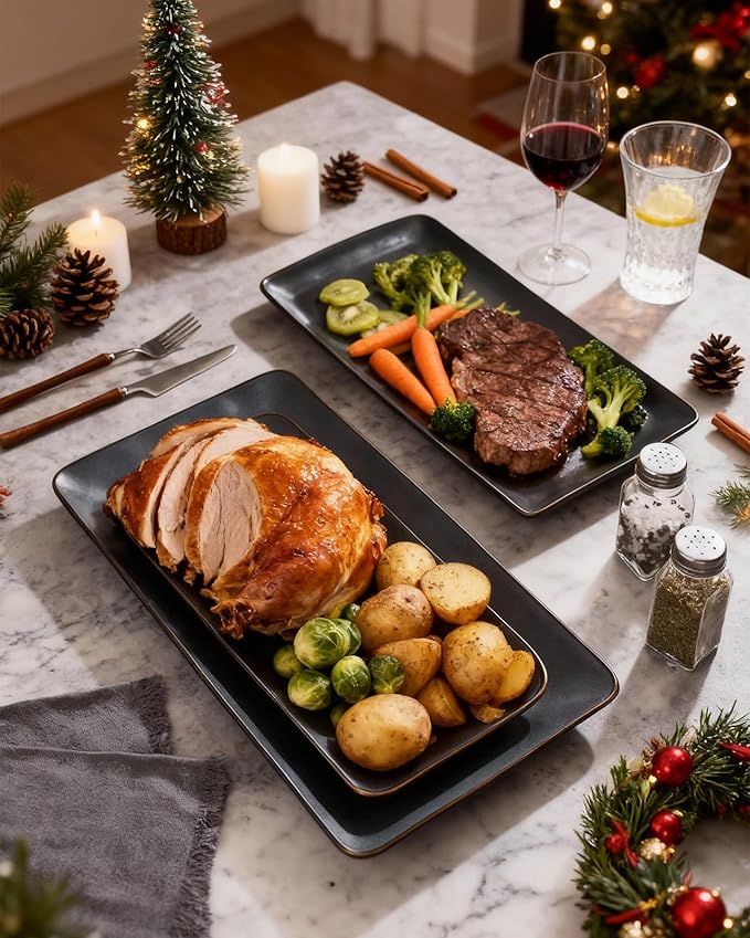 Famiware Serving Platter, Rectangular 15.67/14.1/12.6inch Serving Dishes for Entertaining, Dishwasher Safe, Stoneware Serving Trays for Party, Food, Turkey, Snack, Cheese, Reactive Glaze, Matte Black