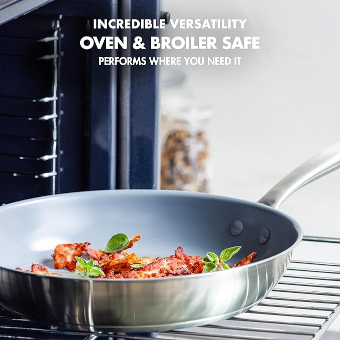 GreenPan Treviso 9.5??and 11??Frying Pan skillet Set, Non-Toxic PFAS-Free Stainless Steel Ceramic Nonstick Coating, Induction Suitable, Multi Clad, Pouring Rims, Dishwasher & Oven Safe to 600째