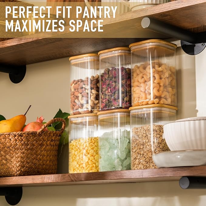 37oz Airtight Glass Square Storage Canisters with Bamboo Lids Set of 6 (1100ml) Striped Stackable Containers, Decorative Kitchen Jars for Tea, Nuts and Coffee (?럚ith Black Lable)