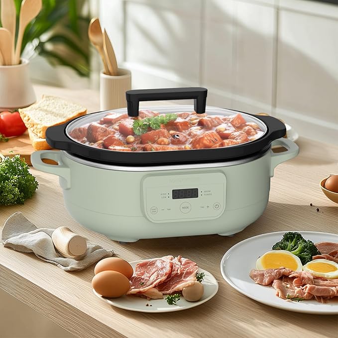 MAGNIFIQUE 6 Quart Programmable Slow Cooker Removable Healthy Nonstick Pot - Small Kitchen Appliance for Family Dinners, Green