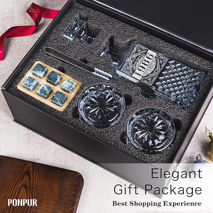 PONPUR 40th Birthday Gifts For Men Dad, 1986 Laser Whiskey Decanter Set with Gift Box, Anniversary Birthday Gift Ideas for Him Husband, 40 Years Bday Decorations, Whiskey Glasses & Whisky Stones Inc