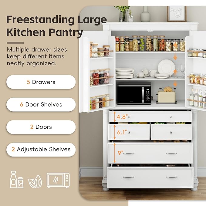 Merax 77" Tall Large Kitchen Pantry Storage Cabinet with 2 Doors & 2 Adjustable Shelves & 5 Drawers & 6 Side Door Shelves, Modern Freestanding Food Pantry for Dining Room, Living Room, White
