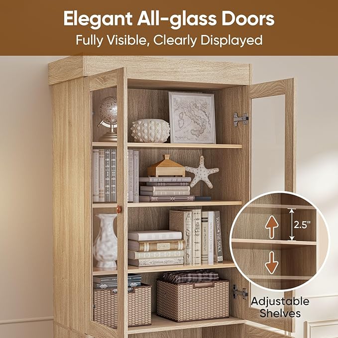 71" Tall Farmhouse Bookshelves with Glass Doors, Rustic Large Bookcase with Adjustable Shelves, Wooden Storage Cabinet for Living Room, Kitchen, Home Office, Dining Room, Brown Glass Door(4 Pcs)
