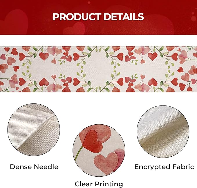 Valentines Day Table Runner 13x48 Inch, Floral Love Hearts Valentine Table Runner, Anniversary Home Kitchen Dining Table Holiday Party Decorations