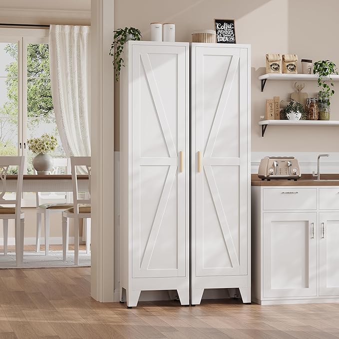 67?쏦 Narrow Pantry Cabinet,Tall Skinny Pantry Storage Cabinet with Adjustable Shelves,Metal Narrow Kitchen Storage Cabinet,Slim and Thin Pantry Cabinets for Living Room Dining Room, White
