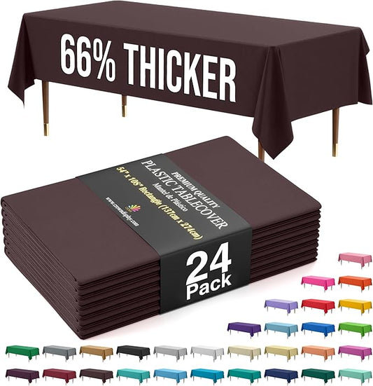 Exquisite 66% Thicker Premium Plastic Table Cloth Rectangle Table Cover 0.5 Mil 24 Pack Brown Table Cloth 54 Inch x 108 Inch Disposable Tablecloth Won't Tear Easily Like Cheap Thin Brands