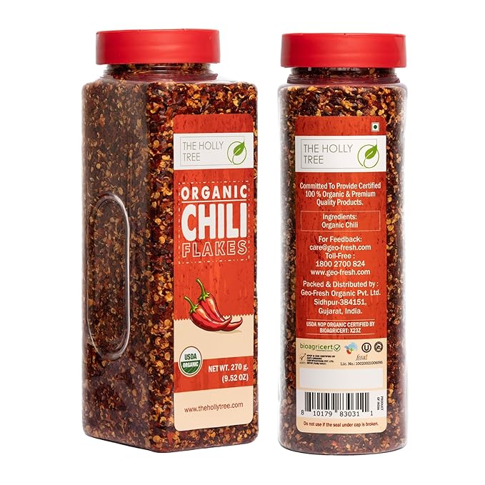 Crushed Red Pepper Flakes Organic 9.52 oz - Chili Flakes Seasoning for Cooking - 100% Pure and Natural, USDA Organic, Kosher, Non-GMO Seasoning for Cooking and Dressigns - The Holly Tree